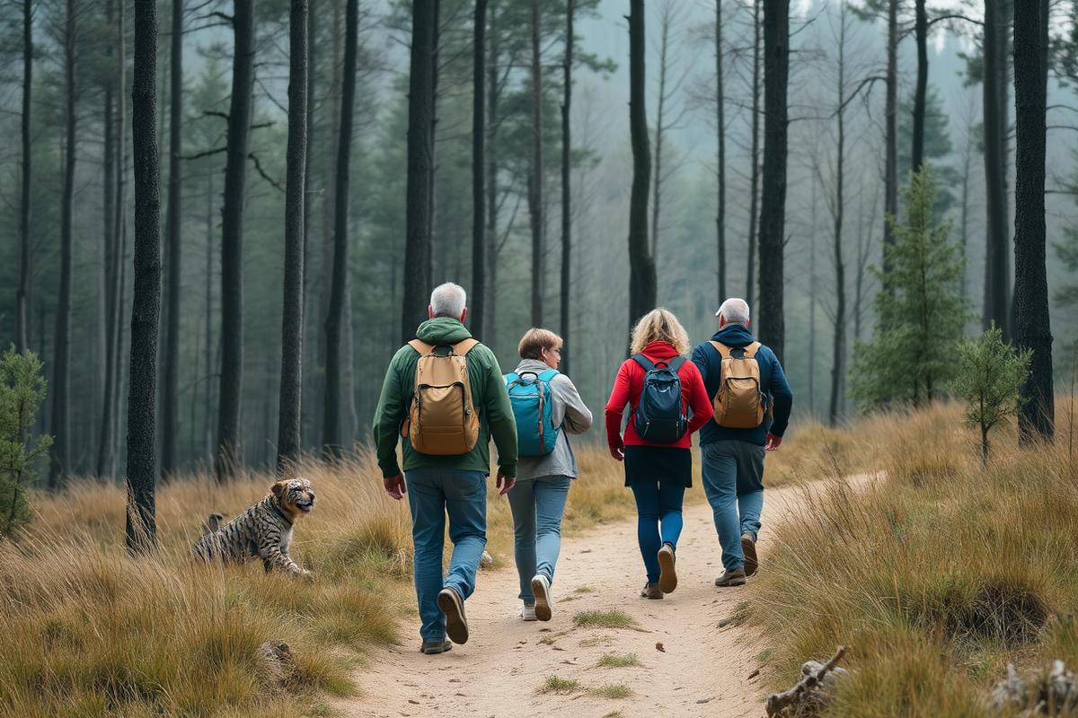 Wandergruppe auf einem Waldweg im Harz von hinten fotografiert