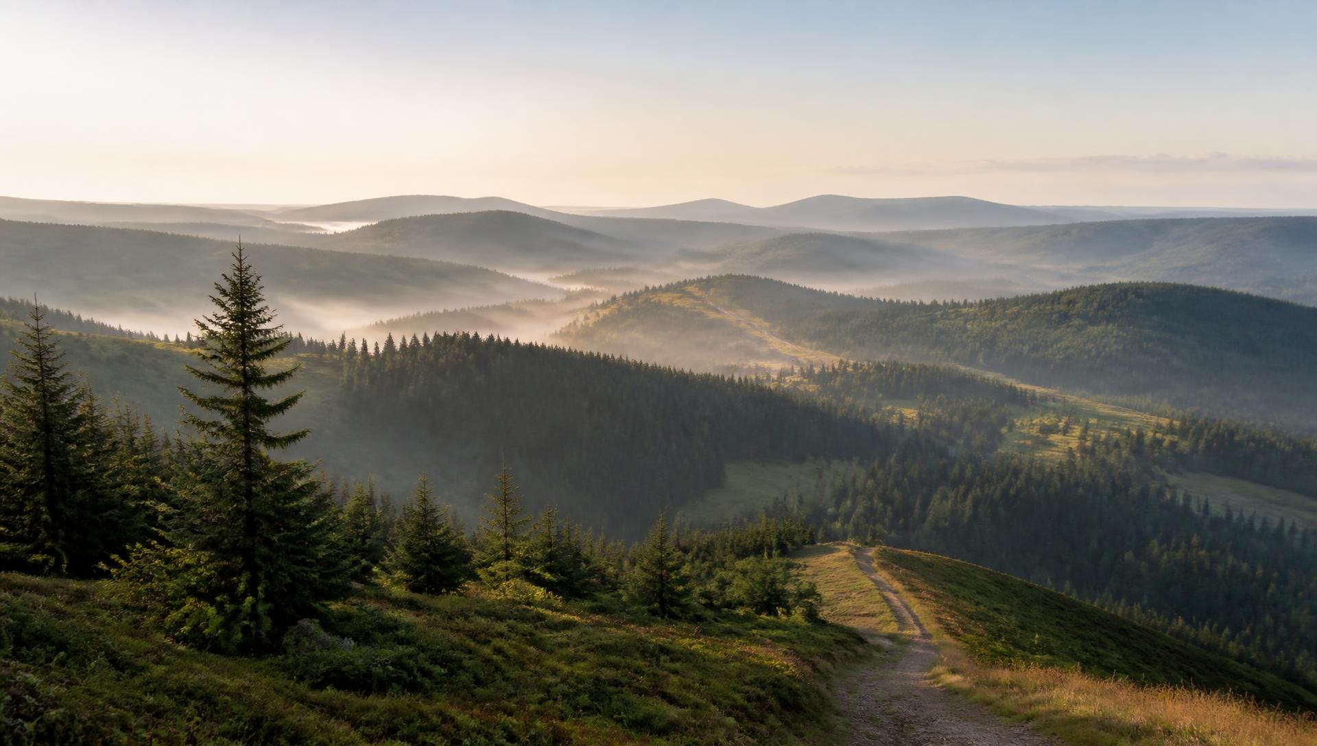 Morgennebel über den bewaldeten Hügeln des Harzes mit einem Wanderweg im Vordergrund